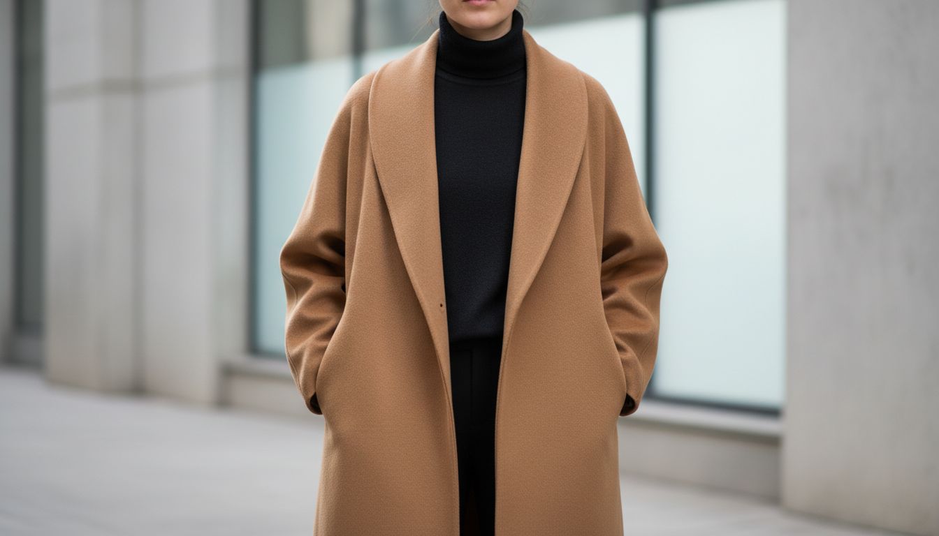 Стилизованный образ: пальто-кокон цвета кэмел из войлочной шерсти, расстегнутое, под ним - водолазка из тонкого черного кашемира.