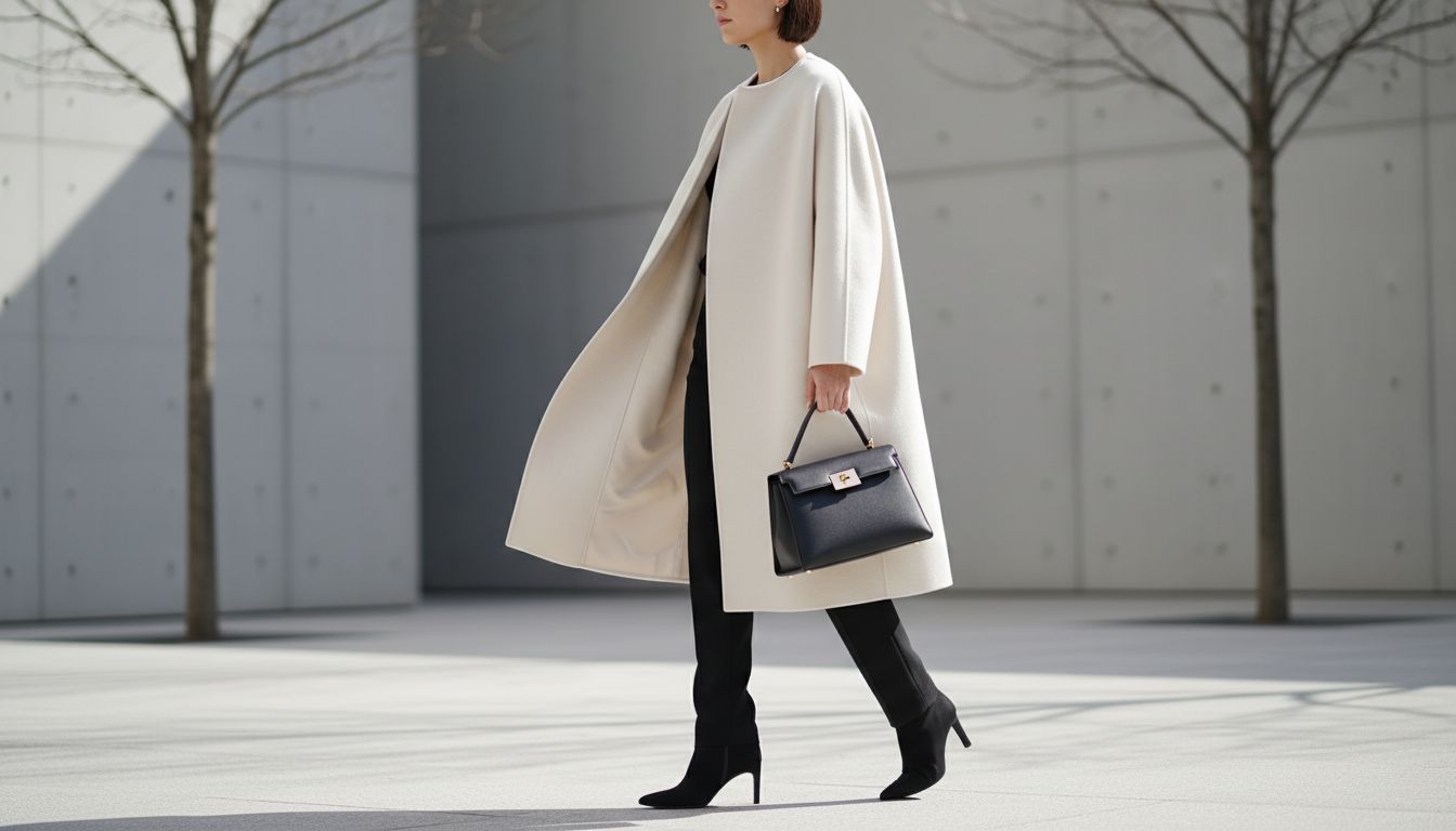 Женщина в длинном пальто-коконе из кремового войлока, держащая структурированную черную кожаную сумку.