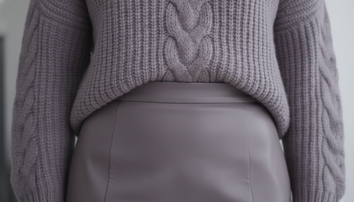 Крупный план: монохромный образ, где свитер крупной вязки цвета Лиловой Дымки сочетается с юбкой из матовой кожи того же оттенка, демонстрируя контраст фактур.
