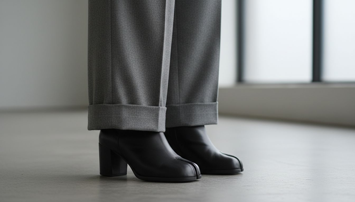 Черные кожаные ботильоны Таби на высоком устойчивом каблуке, выглядывающие из-под широкого края серых шерстяных брюк.