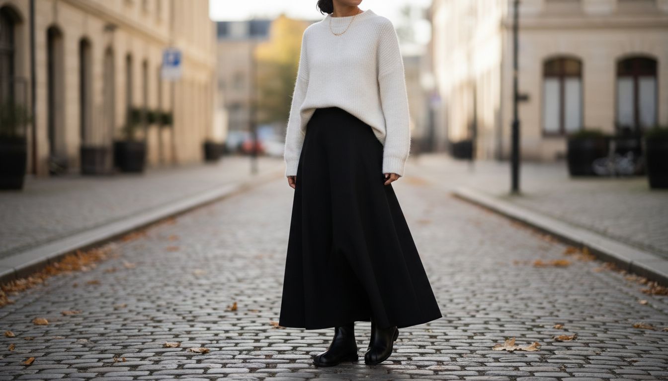 Девушка в длинной черной шерстяной юбке-макси и белом оверсайз свитере, демонстрирующая, как Tabi-ботильоны едва видны под кромкой юбки.