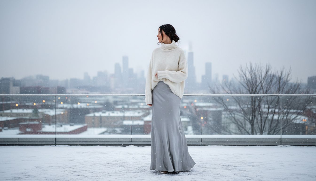 Стилизация: девушка в юбке из серебристого жидкого атласа и объемном кремовом свитере с высоким горлом, стоящая на фоне заснеженного города.
