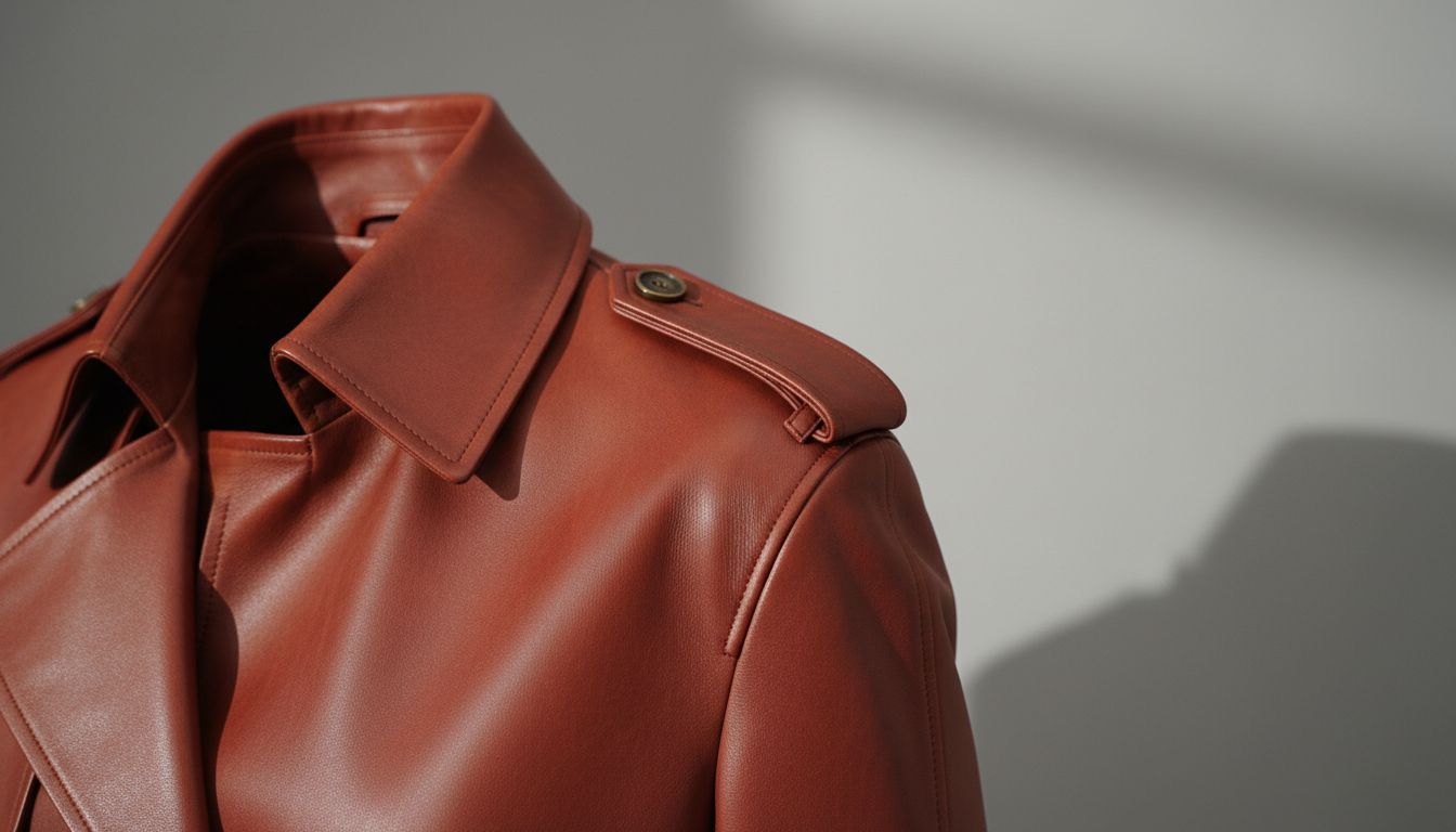 Детальный снимок воротника и плеча кожаного пальто цвета ржавчины, демонстрирующий матовую текстуру и четкую архитектурную форму.