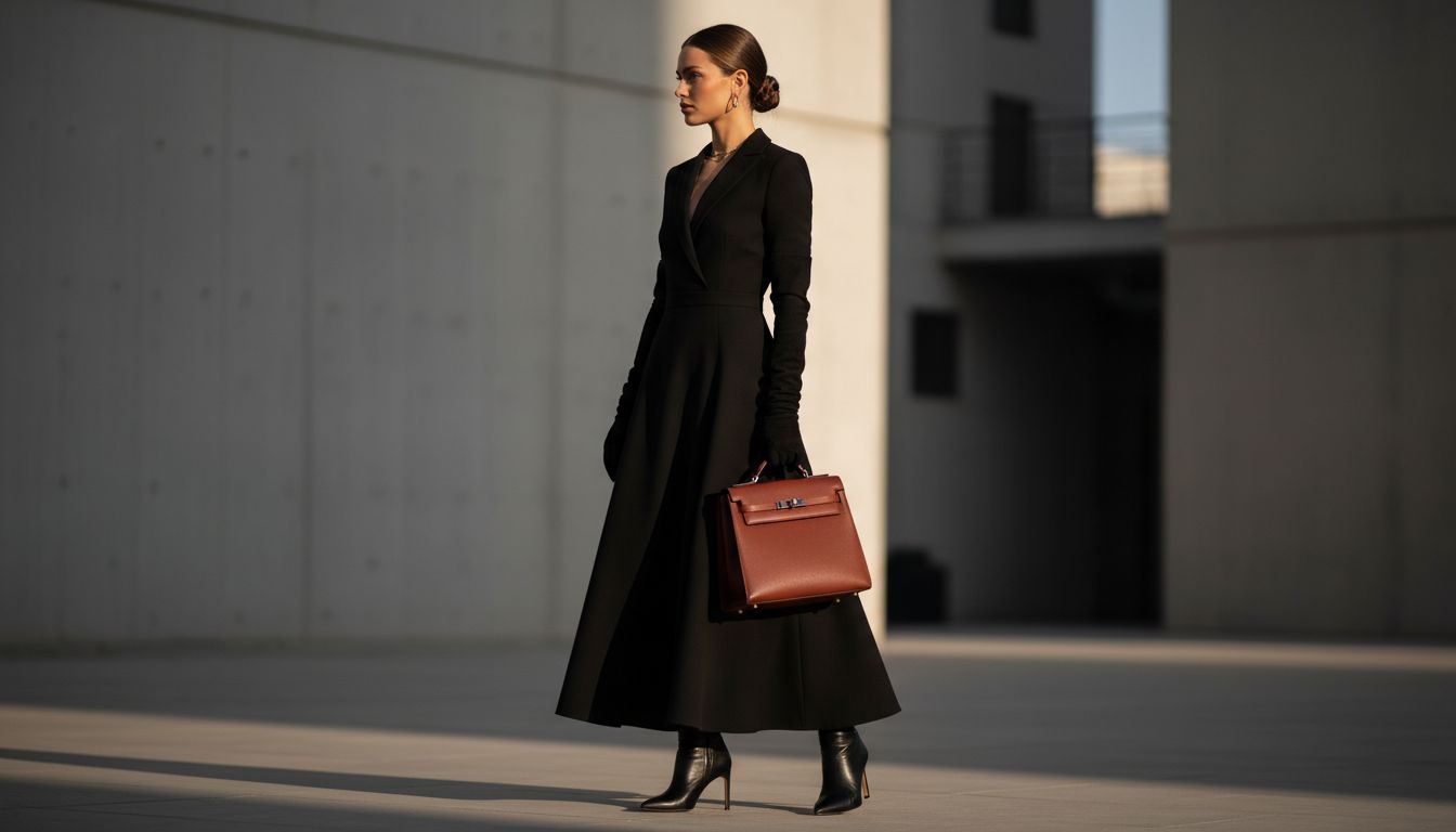 Элегантная женщина в total black образе, акцентированном замшевыми высокими перчатками и жесткой сумкой глубокого оттенка ржавчины.