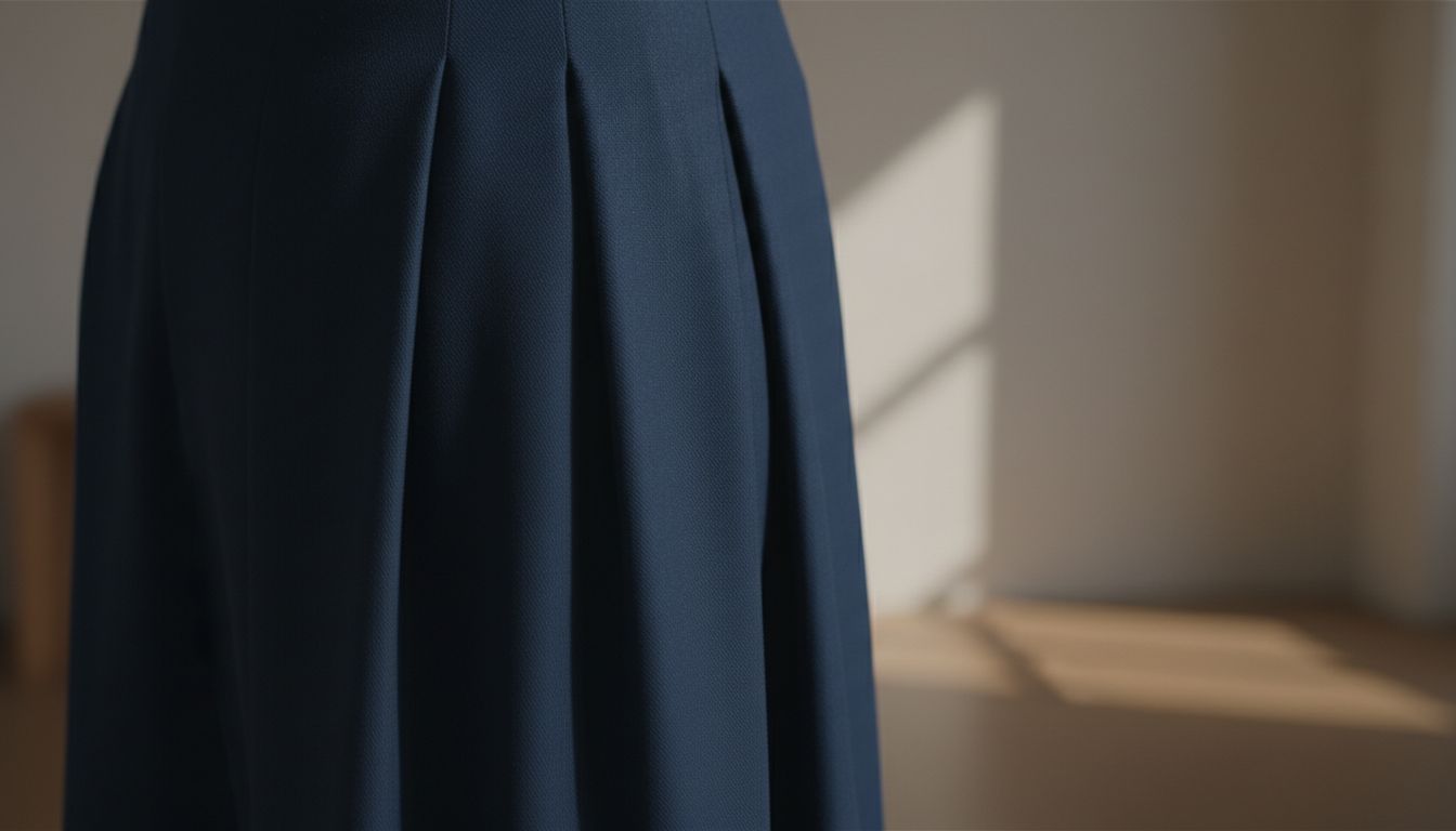 Крупный план глубокой, заутюженной складки на брюках-палаццо из темно-синего габардина.