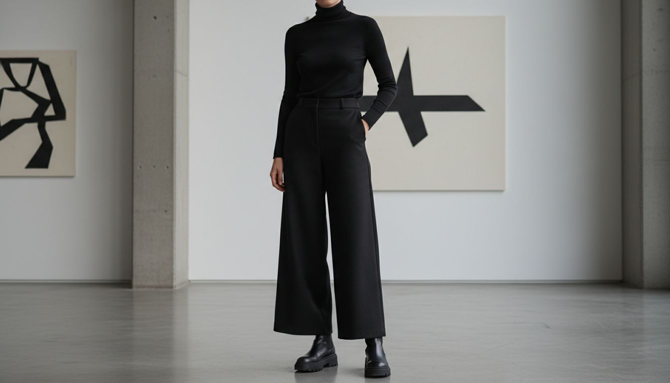 Брюки-палаццо из черной шерсти, стилизованные с массивными ботильонами на платформе и заправленной тонкой водолазкой.