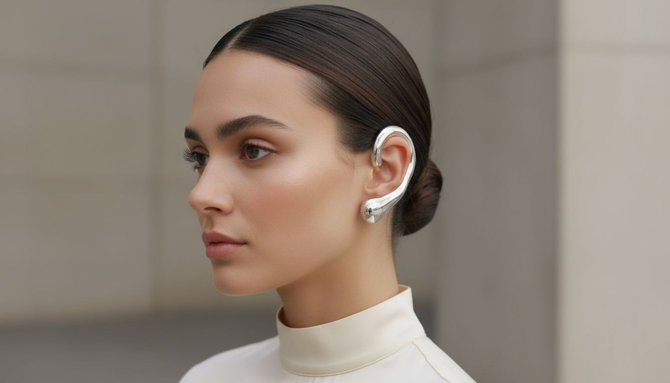 Модель с идеально гладким низким пучком и одной крупной серьгой-каффом из белого золота.