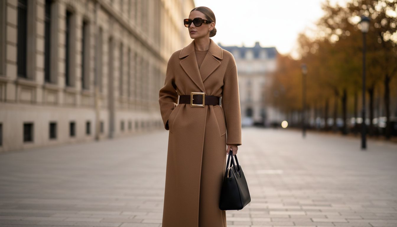Женщина в длинном пальто из плотной шерсти цвета верблюжьей шерсти, подчеркнутом широким кожаным ремнем с крупной прямоугольной пряжкой из матовой латуни.
