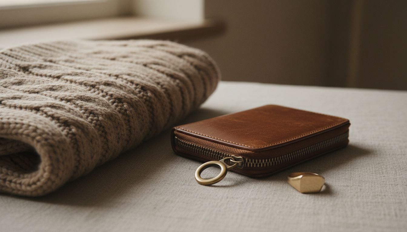 Натюрморт: свитер крупной вязки цвета кофе с молоком, рядом лежит кожаный кошелек с массивной латунной молнией и кольцо-печатка из античного золота.