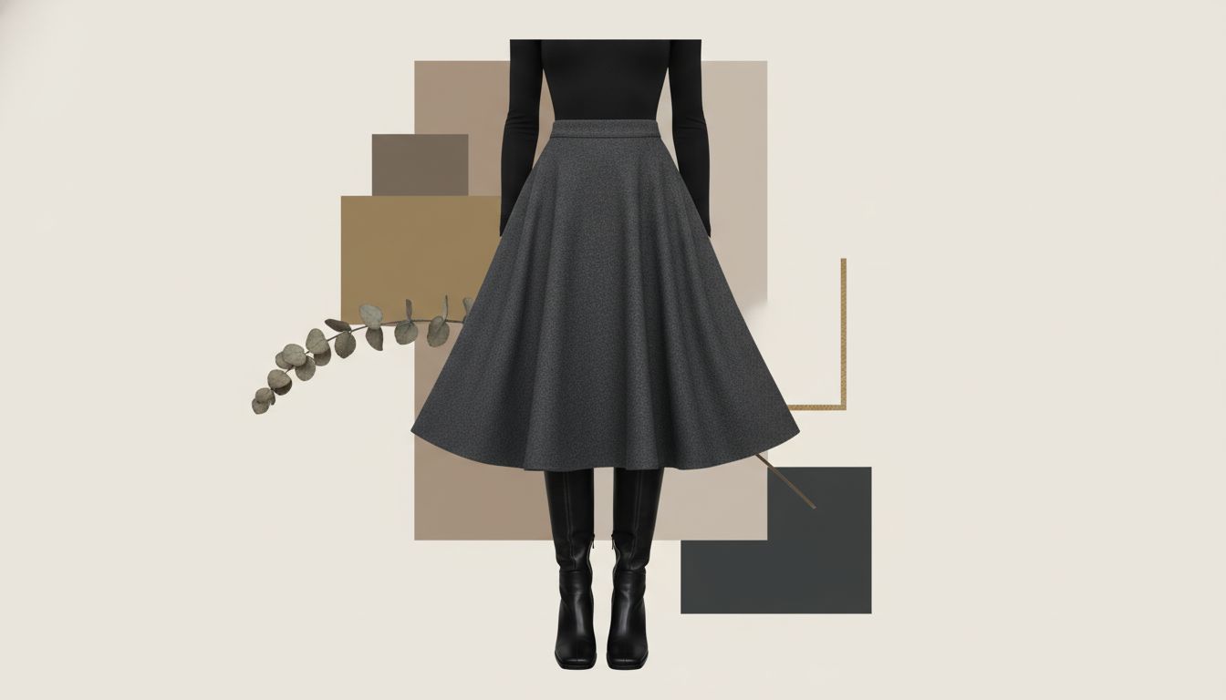 Стилизованный коллаж, где плотная юбка-колокол сочетается с тонкими черными колготками, высокими кожаными сапогами с квадратным носом и облегающим черным боди.