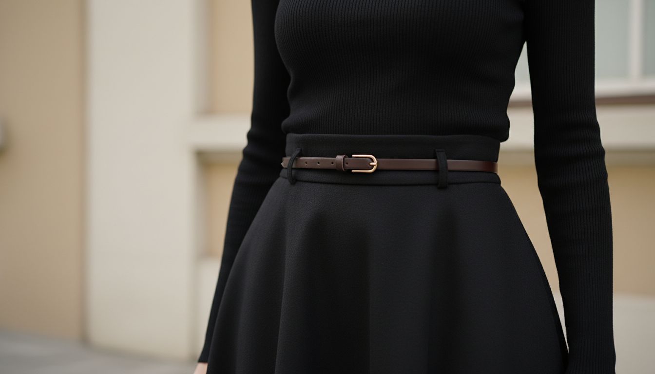 Деталь: крупный план талии, где облегающая черная водолазка идеально заправлена в высокий пояс юбки-колокол, подчеркнутый тонким кожаным ремнем.