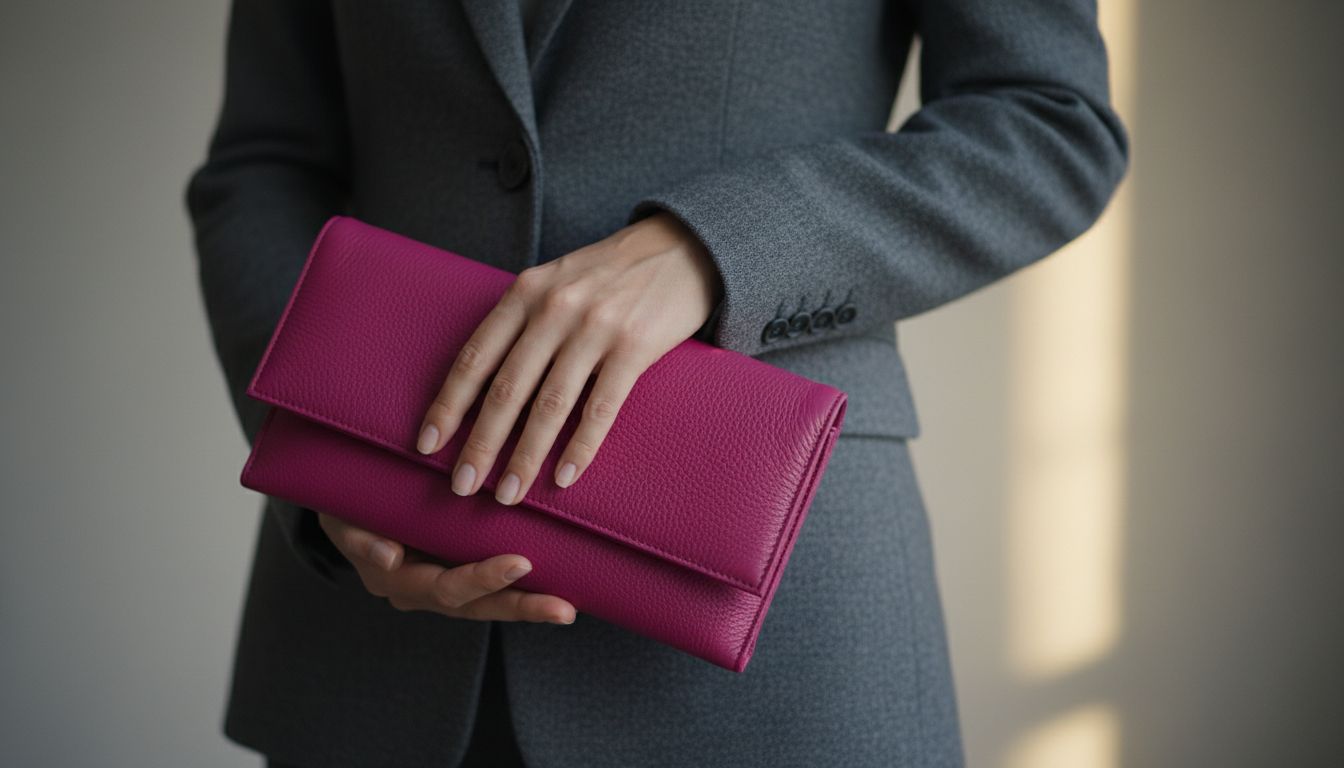 Крупный план, как девушка держит в руках кожаный клатч цвета фуксии, одетая в серый кашемировый костюм.