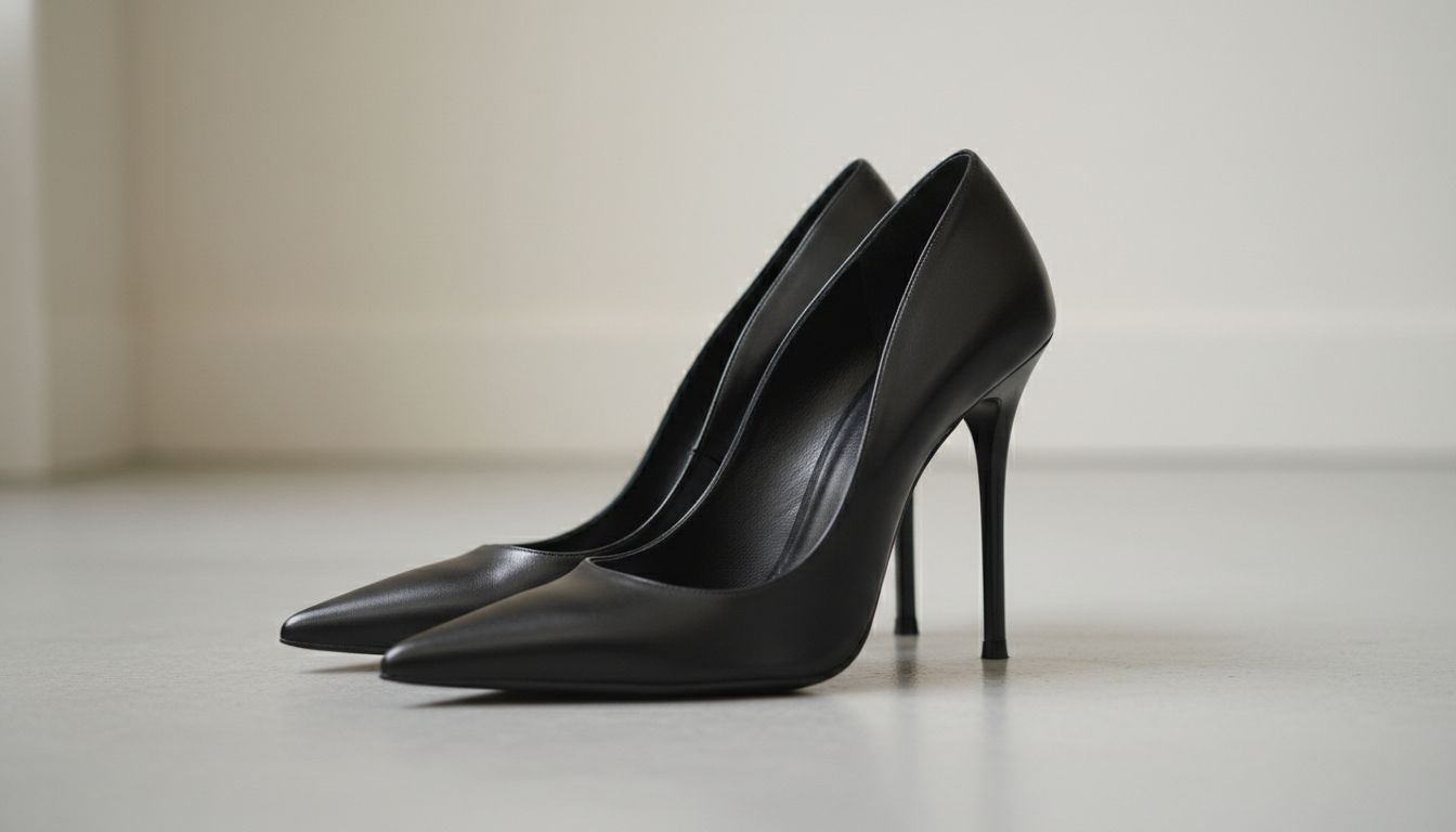 Крупный план черных кожаных туфель-лодочек с экстремально острым вытянутым носком и тонкой шпилькой.