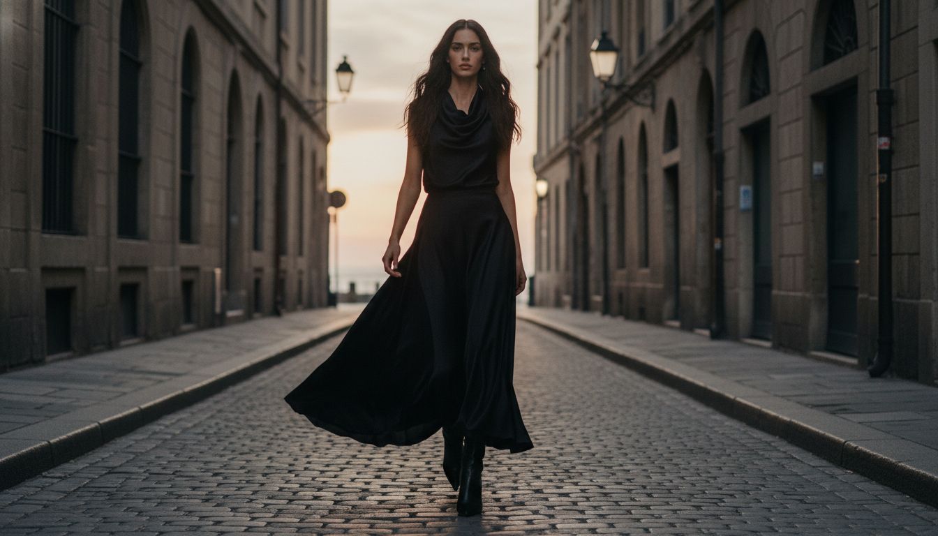 Модель в длинной струящейся юбке-макси из черного атласа и черных ботильонах на шпильке с очень острым носком, создающих идеальную вертикаль.