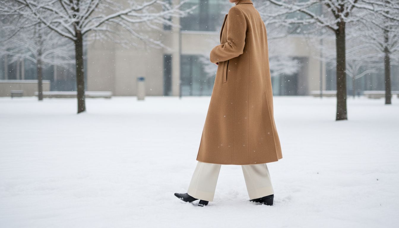Стилизованный зимний образ: длинное пальто цвета Camel, широкие белые брюки и черные остроносые ботильоны. Острый носок виден лишь слегка.