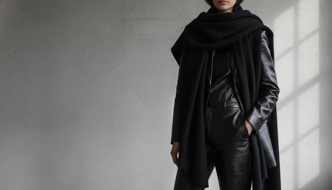 Образ в стиле монохром: модель в черном лаковом костюме (брюки и жакет) поверх которого накинут длинный, объемный шарф из матовой шерсти.