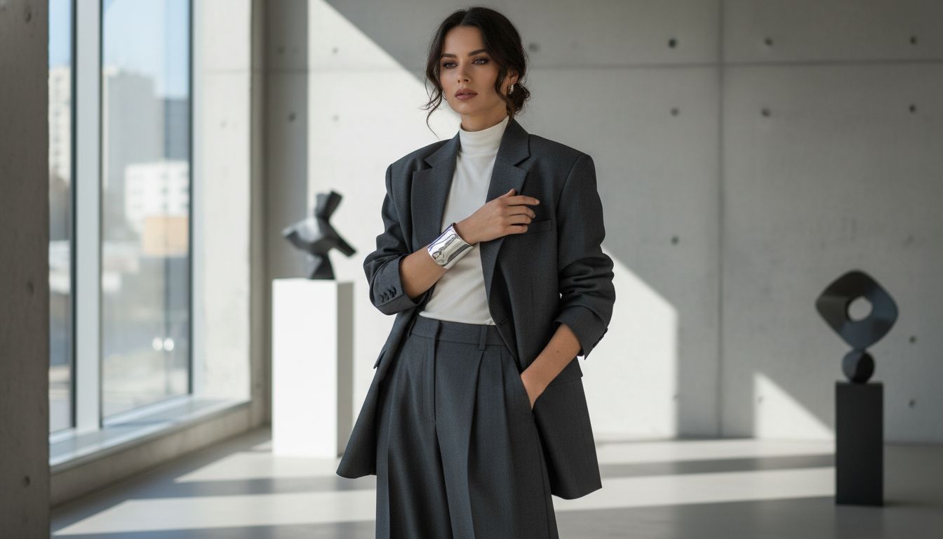 Девушка в широком брючном костюме оттенка антрацита, под которым надета тонкая белая водолазка. На руке - массивный кафф из хрома.