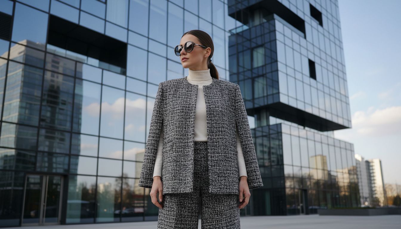 Девушка в коротком кейпе из плотного твида, стоящая на фоне современного здания, подчеркивая архитектурность наряда.