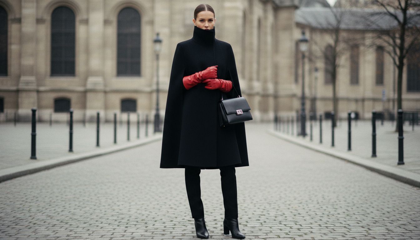 Женщина в черном шерстяном кейпе-миди с высоким воротником, стилизованном с ярко-красными кожаными перчатками и черными узкими брюками.