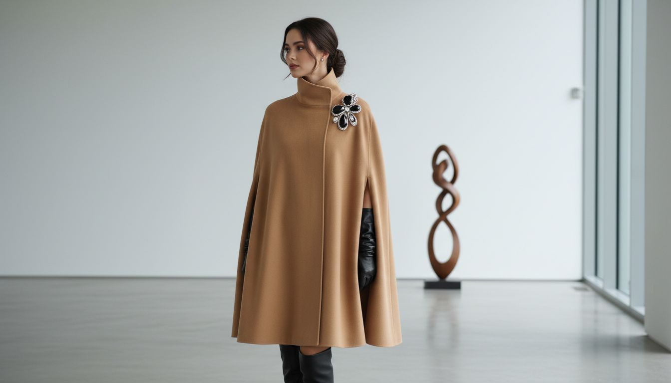 Кейп из кашемира с высоким воротником-стойкой, дополненный массивной брошью на плече.