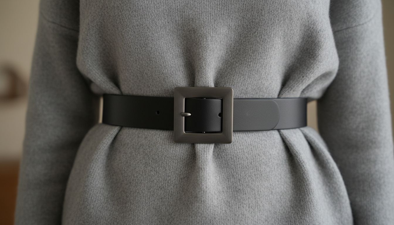 Крупный план тонкого черного кожаного ремня с гигантской квадратной пряжкой из темного металла, перехватившего талию поверх серого кашемирового свитера оверсайз.