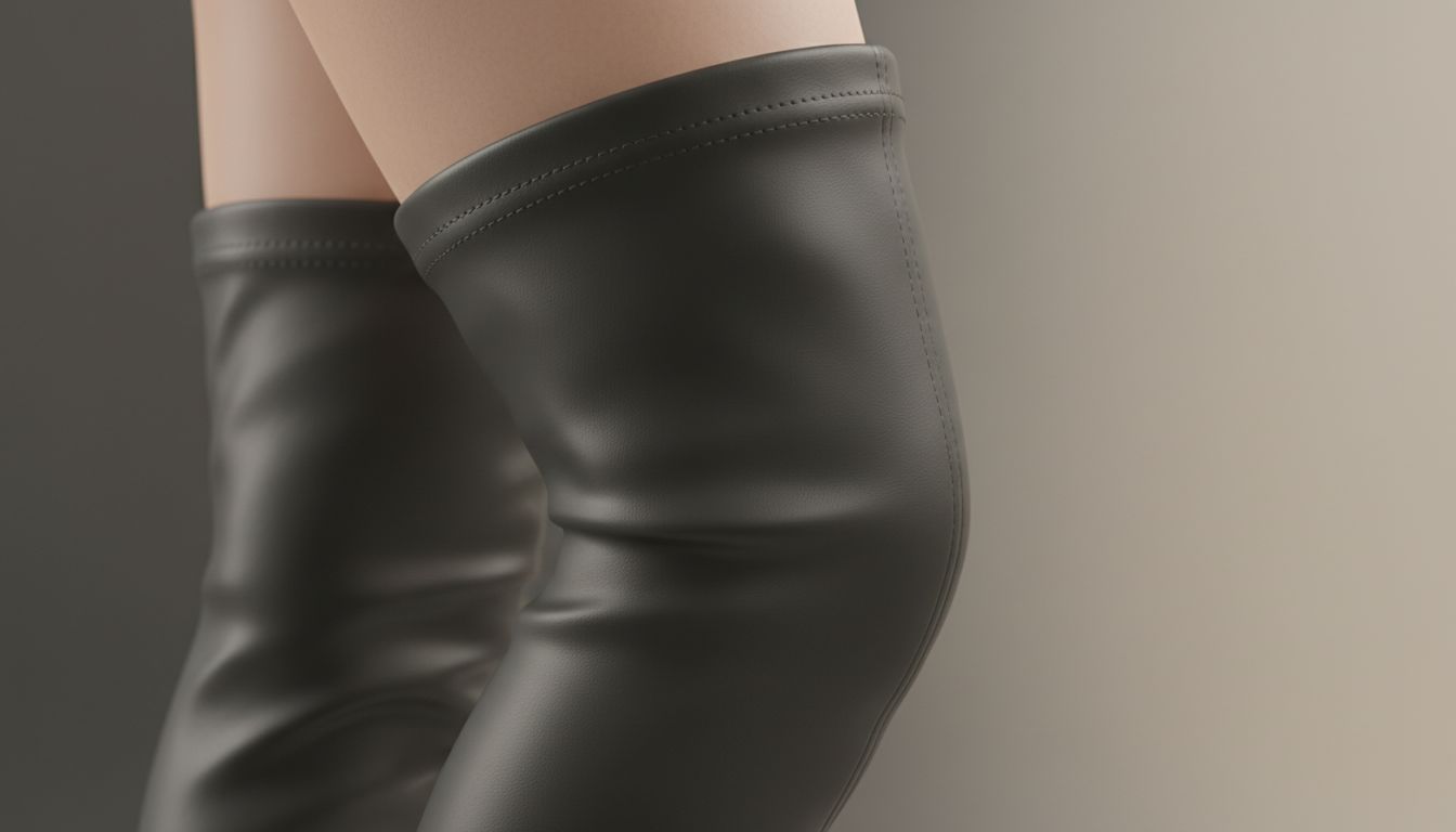 Крупный план текстуры стрейч-кожи облегающих ботфортов, подчеркивающий матовую поверхность и идеальное прилегание к бедру.