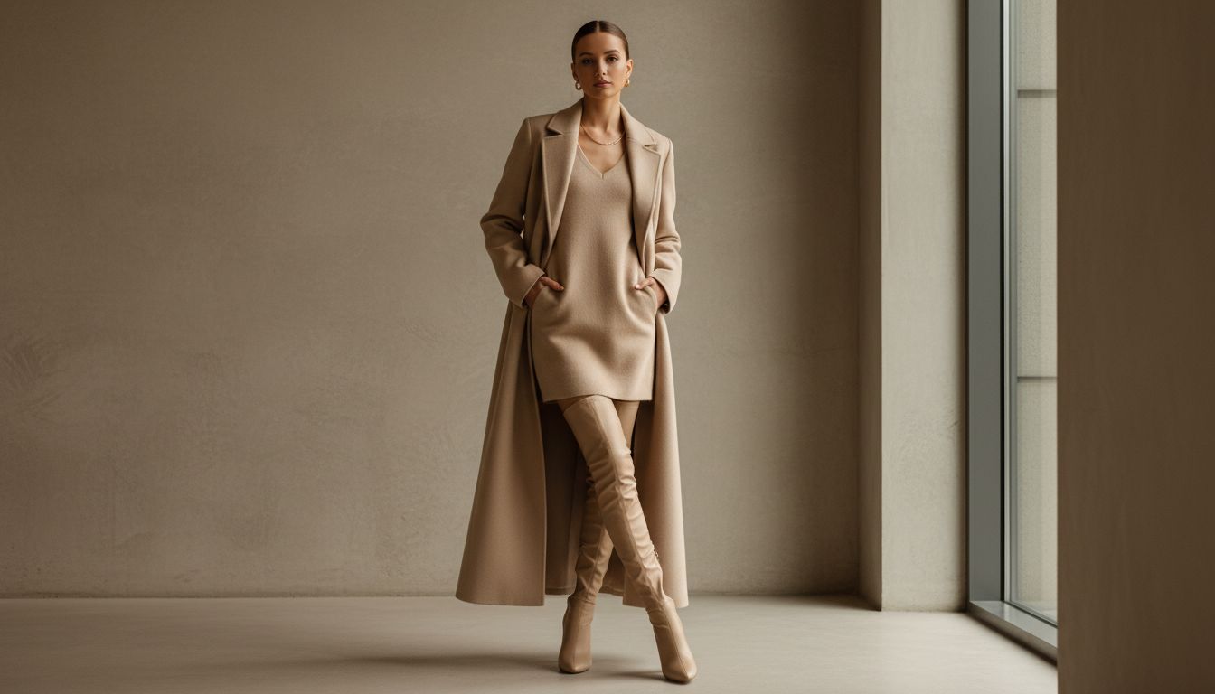 Женщина в бежевых ботфортах 'вторая кожа' и длинном пальто в тон, демонстрирующая монохромный, удлиняющий силуэт.