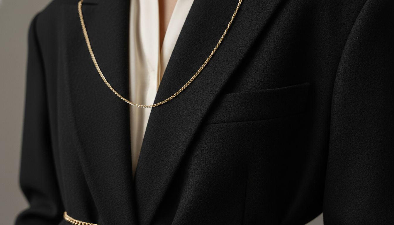 Детальный снимок тонкого золотого цепного ремня, перекинутого через лацкан объемного черного шерстяного пиджака.