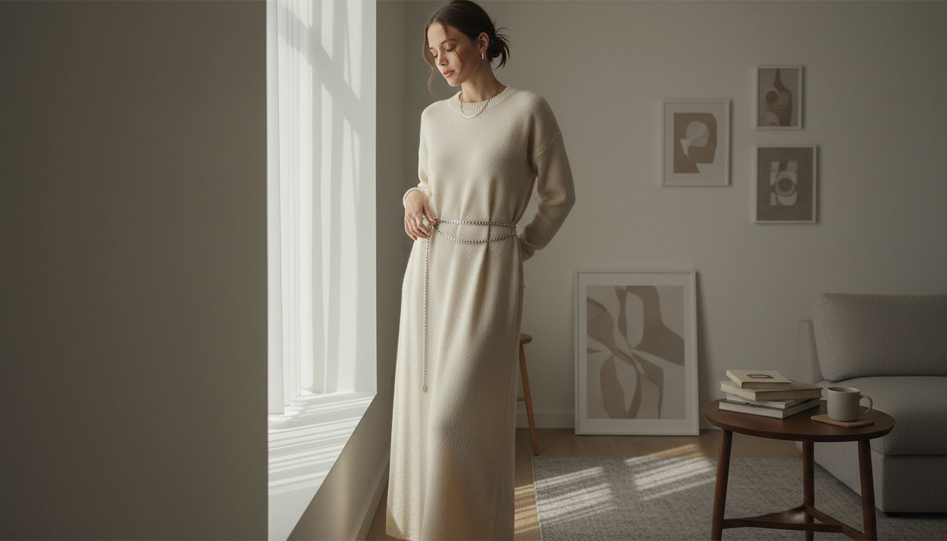 Женщина в длинном вязаном платье-свитере цвета слоновой кости, перехваченном на талии двумя тонкими серебряными цепными ремнями.