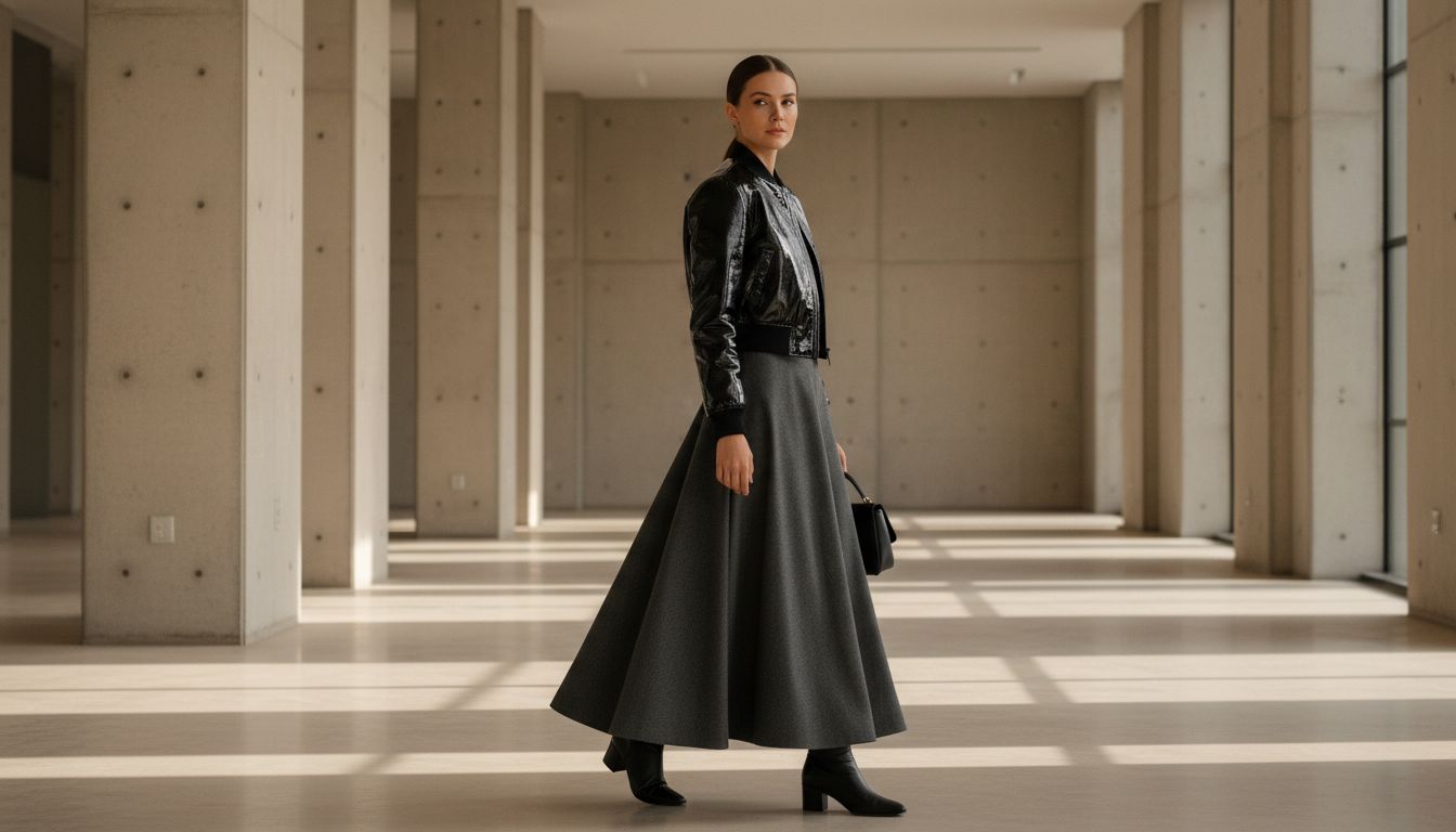 Девушка в укороченном бомбере из черной лаковой кожи и длинной юбке из шерстяного габардина, создающая резкий контраст текстур.