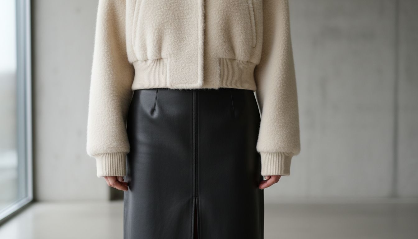 Крупный план: Сочетание плотного, ворсистого мохера укороченного бомбера и гладкой, матовой кожи юбки-макси.