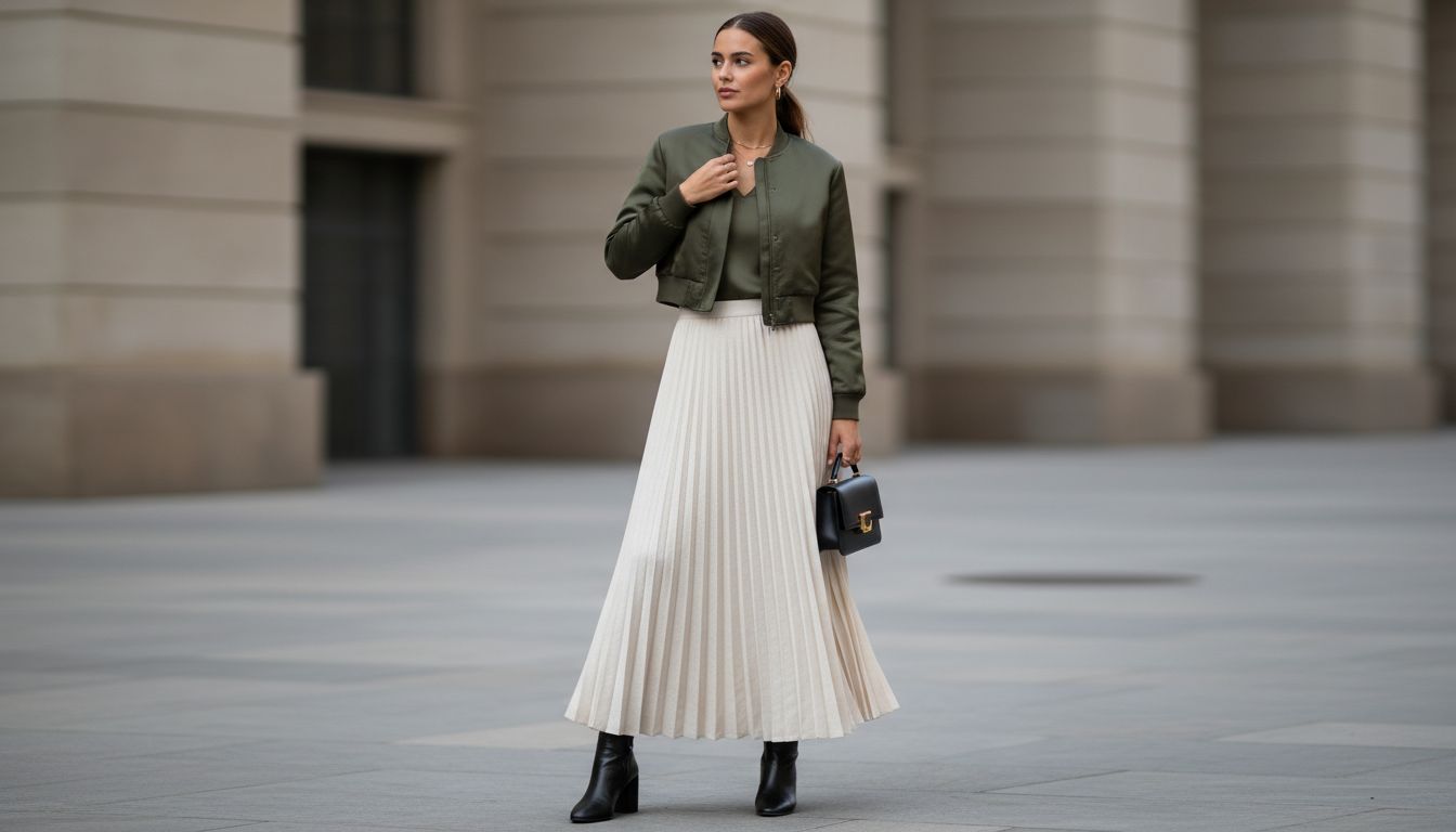 Детализация: Четкая горизонтальная линия подола укороченного бомбера, контрастирующая с высокой посадкой и вертикальными складками юбки-макси.