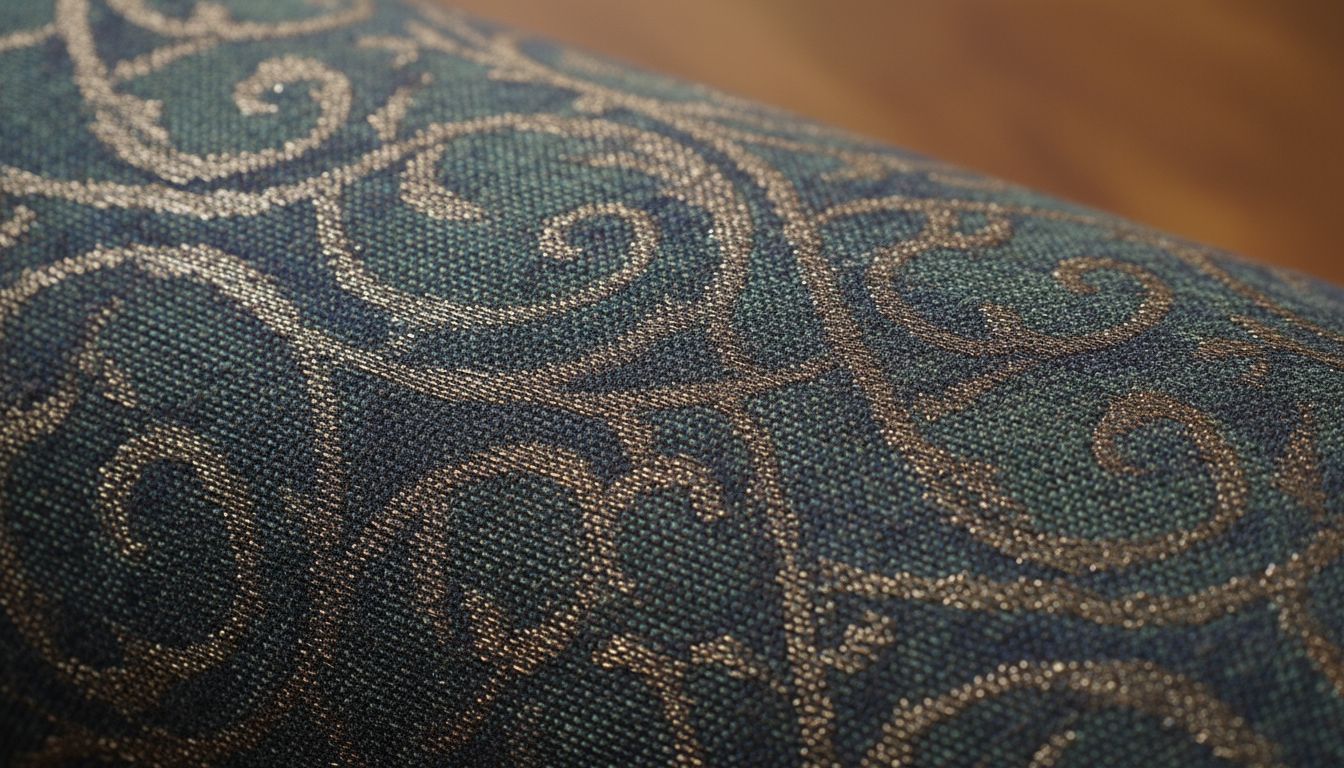 Крупный план текстуры плотной парчи с приглушенным бронзовым металлическим узором.