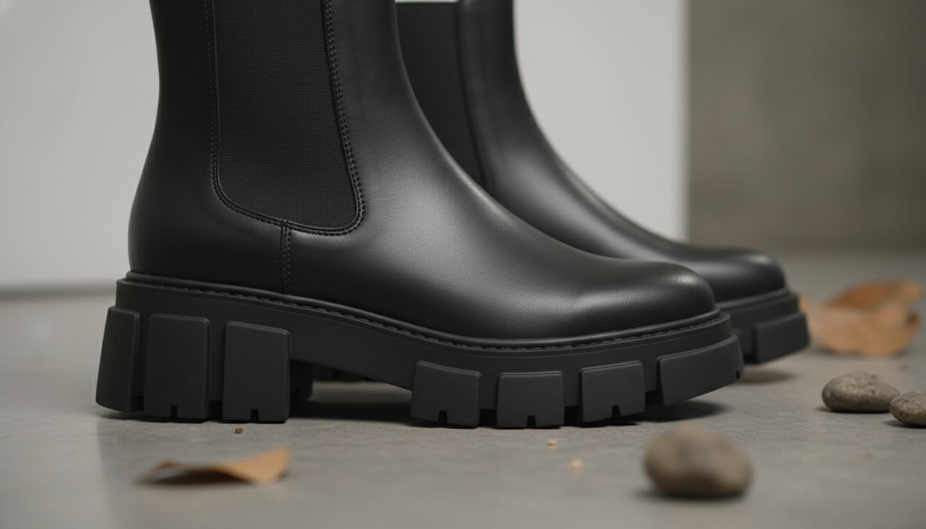 Крупный план ботинки-челси на тракторной подошве, показывающий четкую, геометрическую форму подошвы и гладкую матовую кожу верха.
