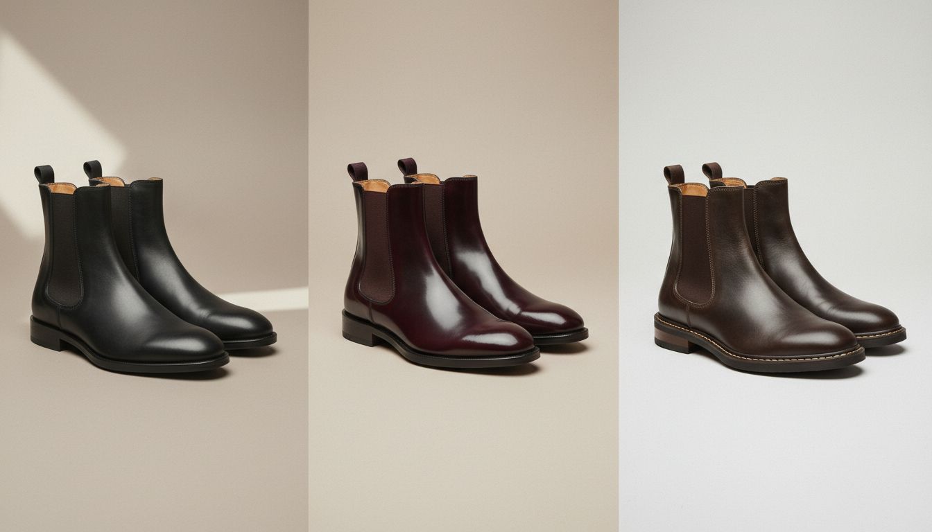 Коллаж из трех пар ботинок-челси: черные матовые, бордовые глянцевые и темно-коричневые с контрастной бежевой строчкой.
