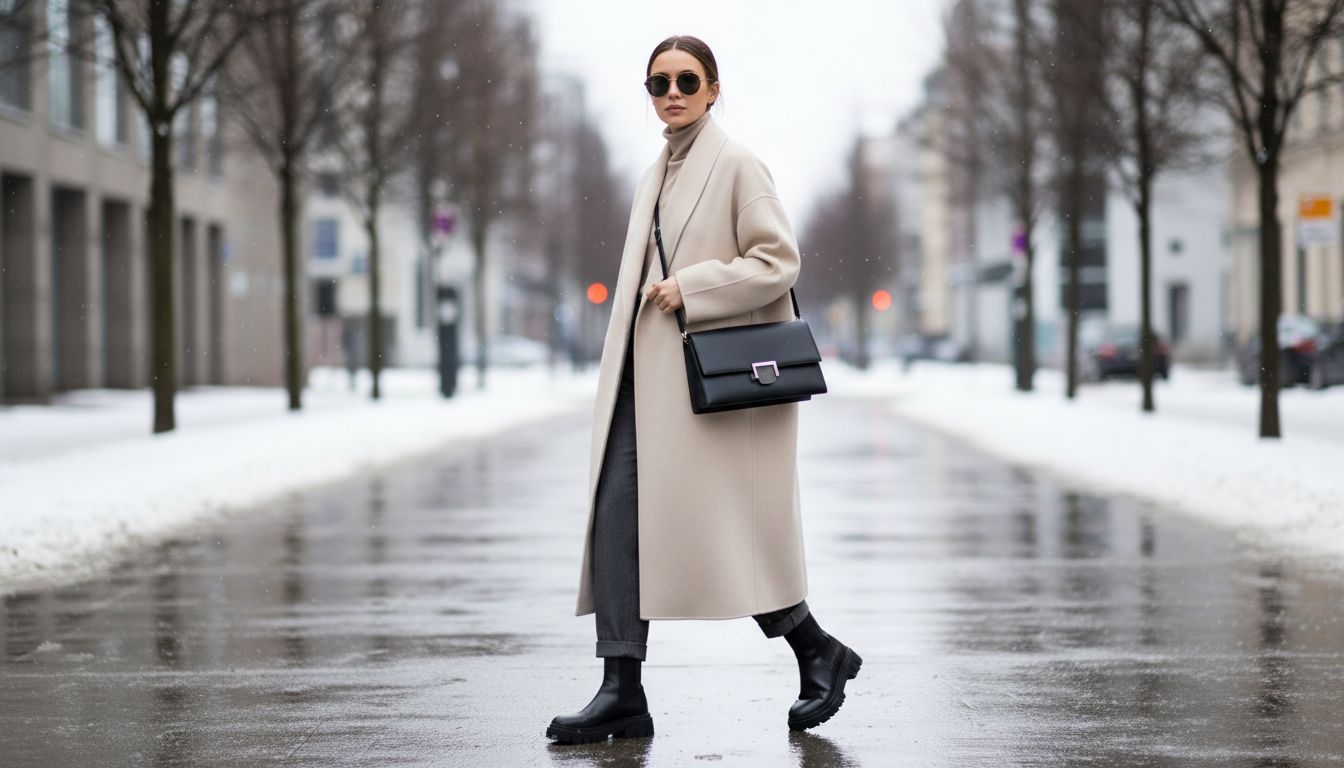 Образ street style: женщина в длинном, объемном пальто-халате из кашемира, подвернутых брюках и массивных челси, уверенно шагающая по зимней улице.