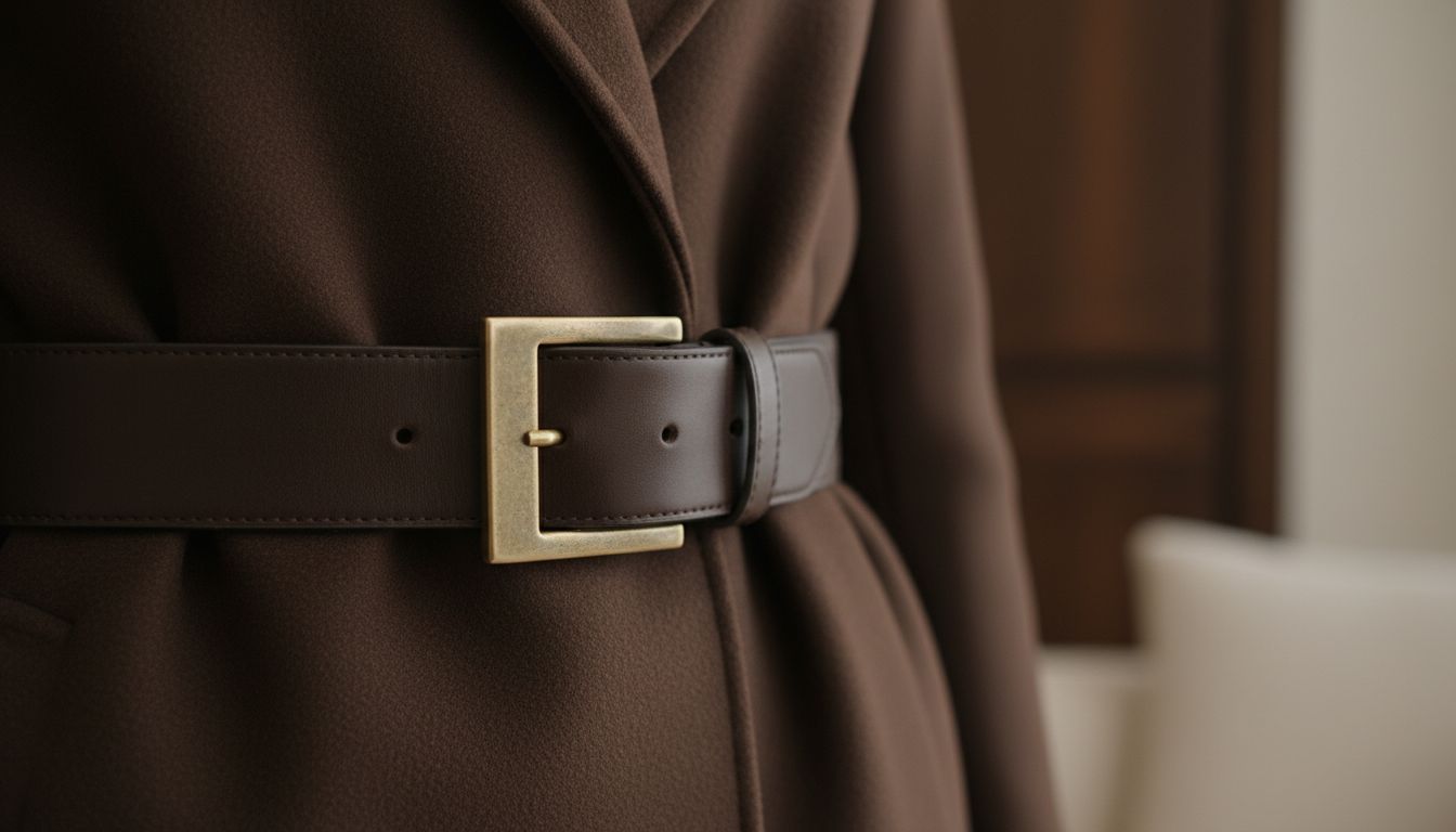 Деталь: Крупный план на матовую пряжку ремня цвета состаренной латуни, надетого поверх пальто цвета горького шоколада.