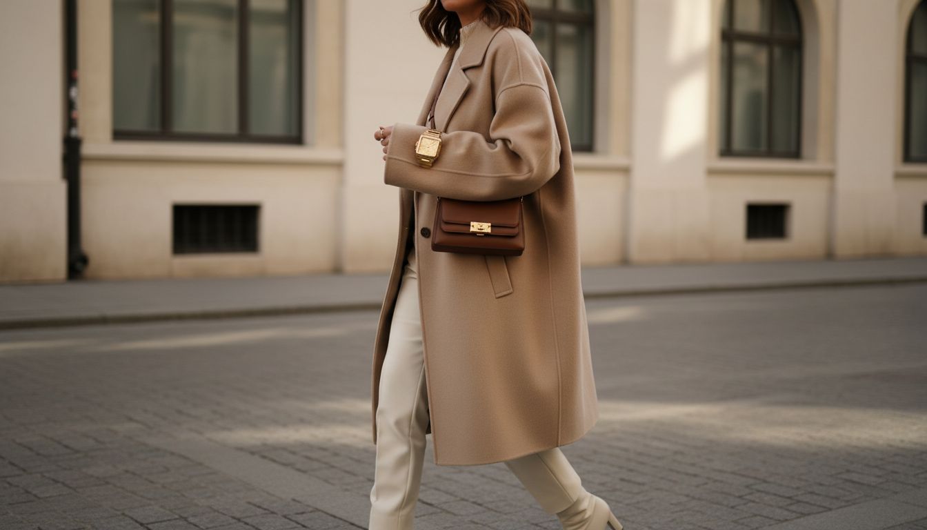 Девушка в бежевом пальто оверсайз, с массивными золотыми часами, надетыми поверх рукава пальто.