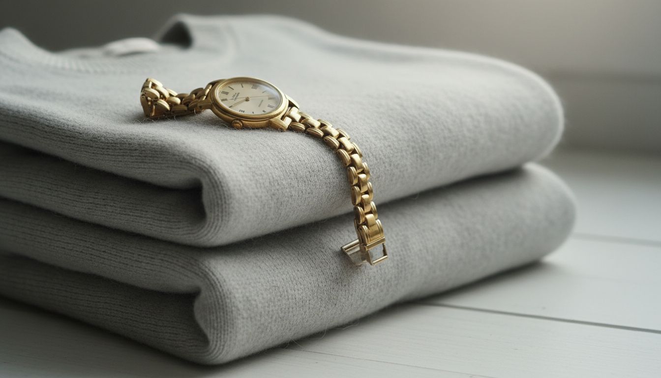 Натюрморт: винтажные золотые часы на браслете лежат на стопке светло-серых кашемировых свитеров.