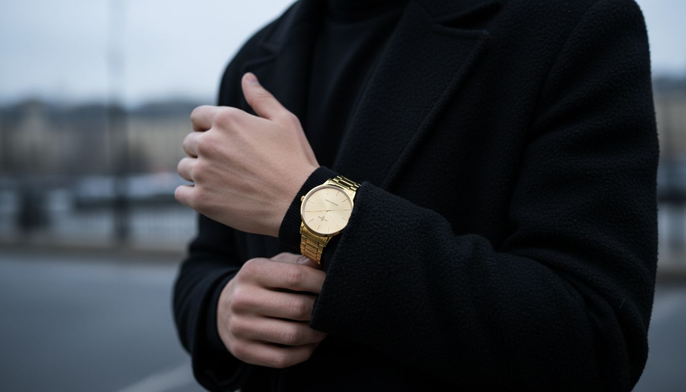 Модель в черном шерстяном пальто и черном гольфе, крупным планом видны золотые часы, надетые поверх черного рукава.