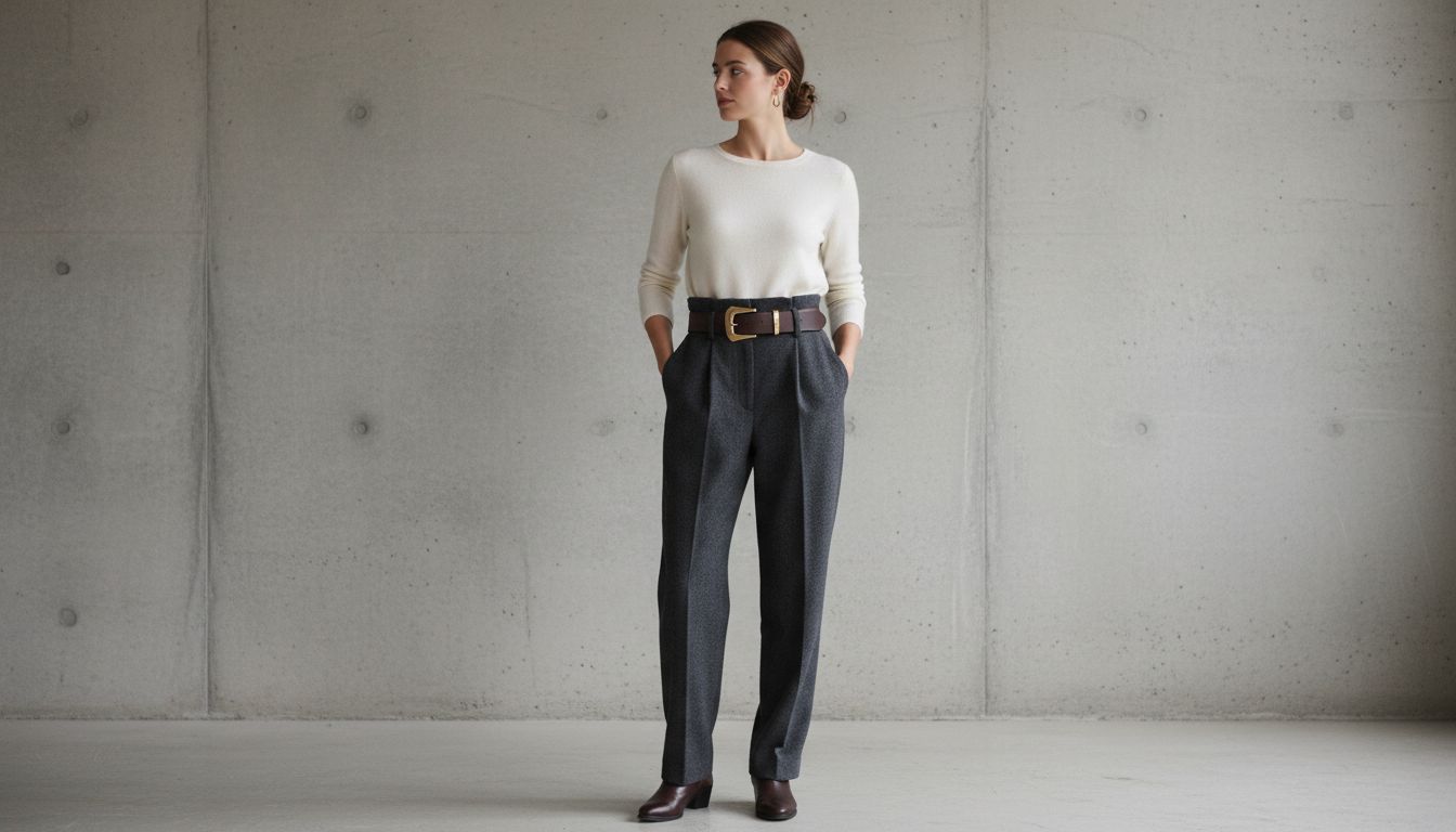 Брюки Paperbag Waist из темно-серой плотной шерсти, стилизованные с заправленным тонким кашемировым джемпером и широким кожаным ремнем с геометрической пряжкой.