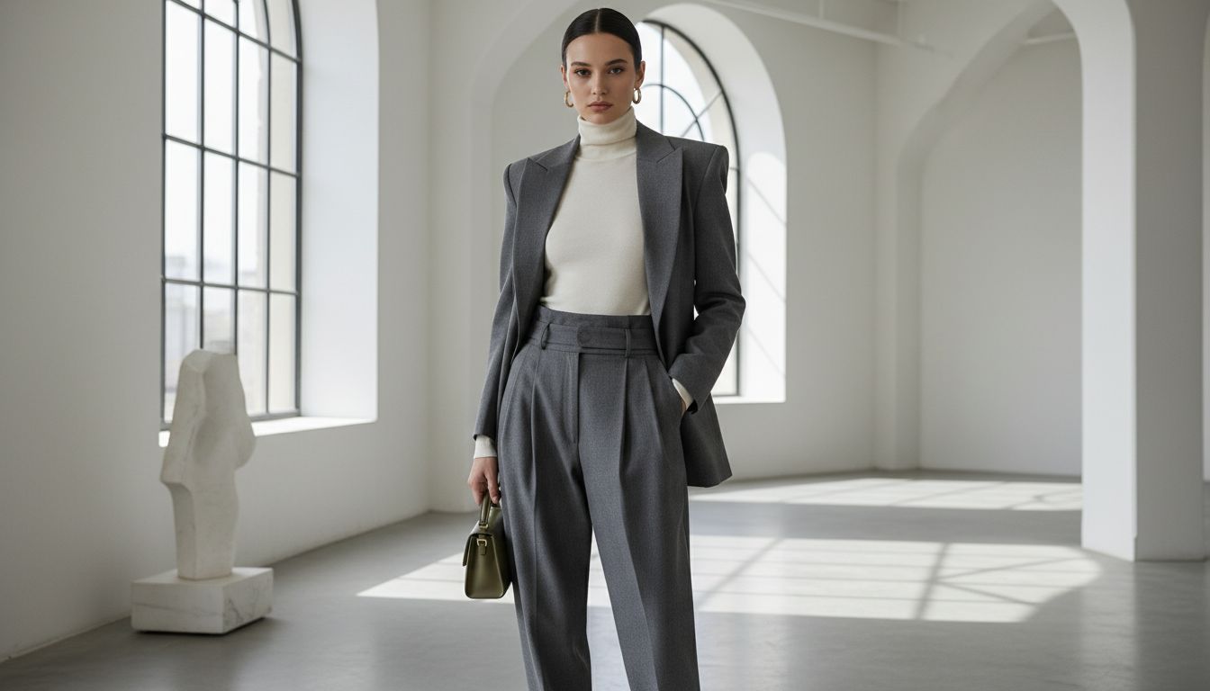 Модель в брючном костюме Paperbag, где жакет надет поверх тонкой водолазки и зафиксирован на талии. Жакет имеет гипертрофированные плечи.