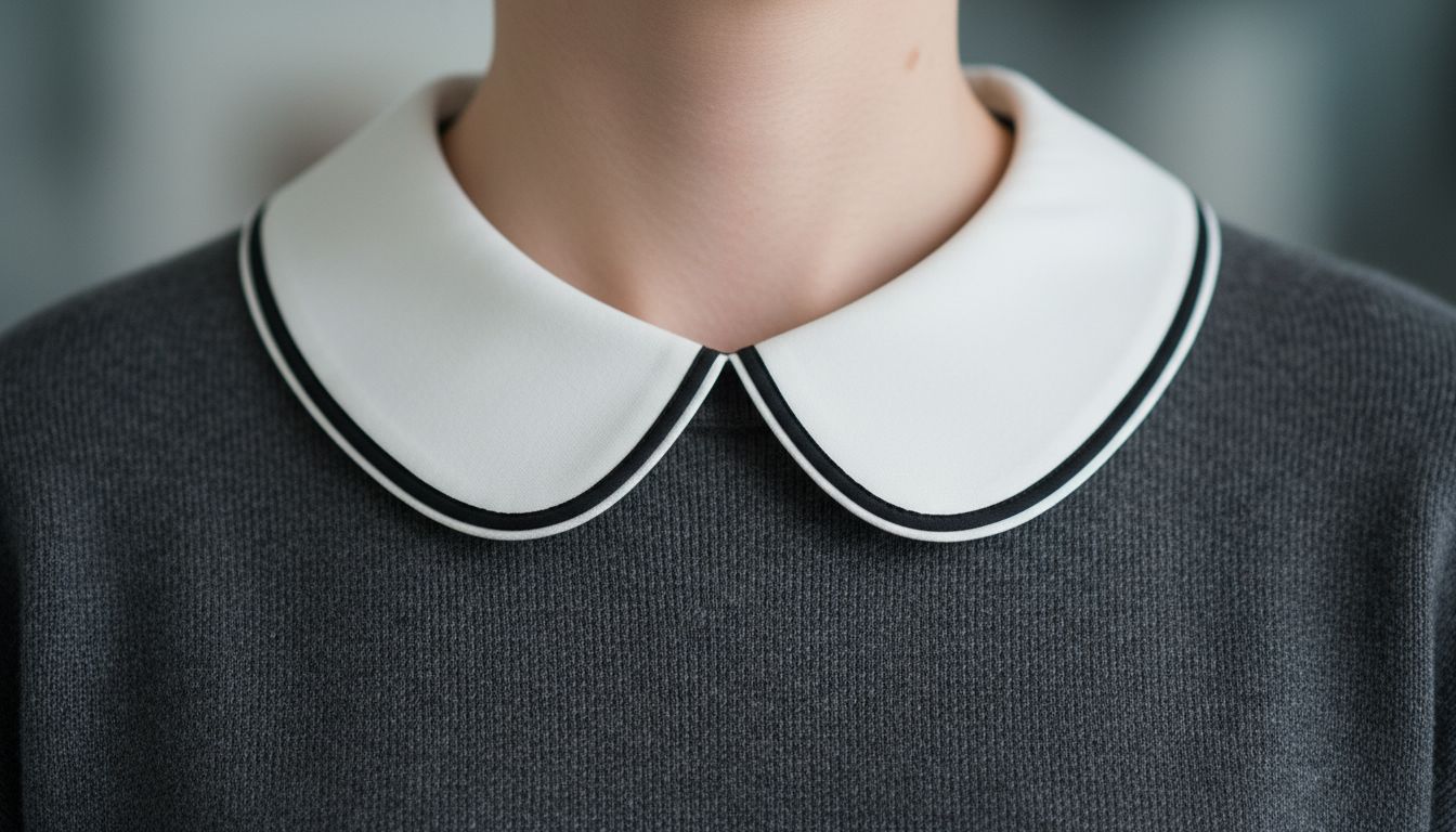 Крупный план контрастного воротника Питер Пэн из плотной белой ткани с черной окантовкой, застегнутого под горло, выглядывающего из-под кашемирового свитера цвета мокрого асфальта.