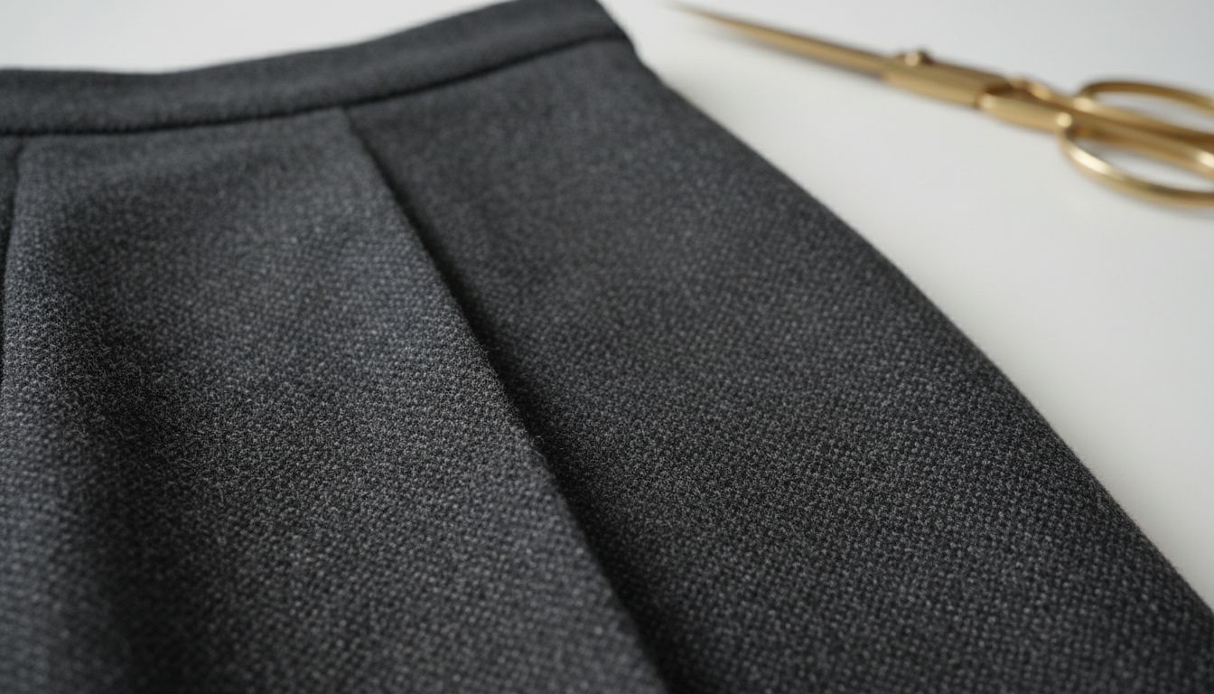 Детальный снимок плотного твида с заутюженной стрелкой.