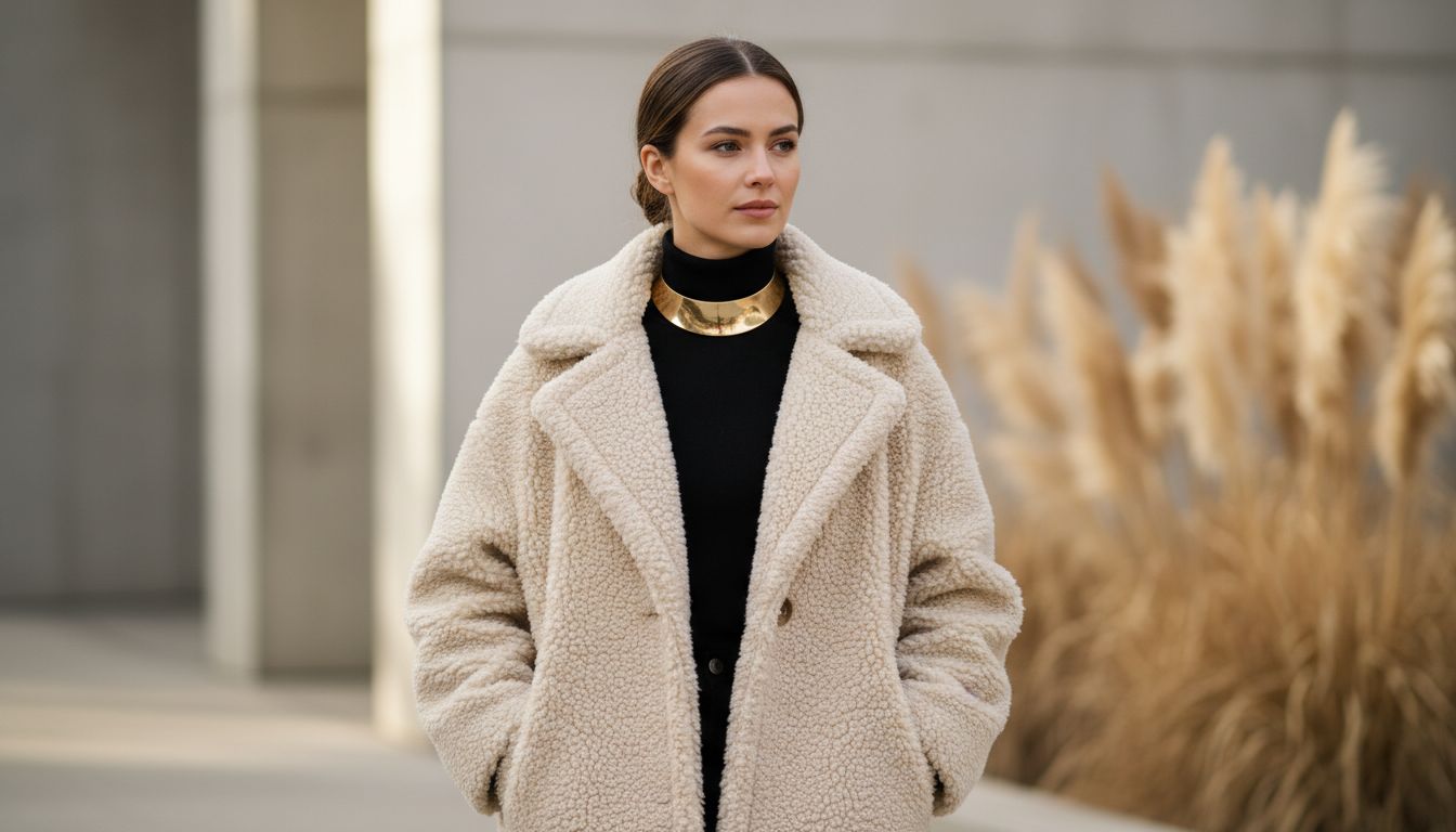 Девушка в оверсайз пальто из плотной шерпы и гладком колье-воротнике, демонстрируя контраст текстур.