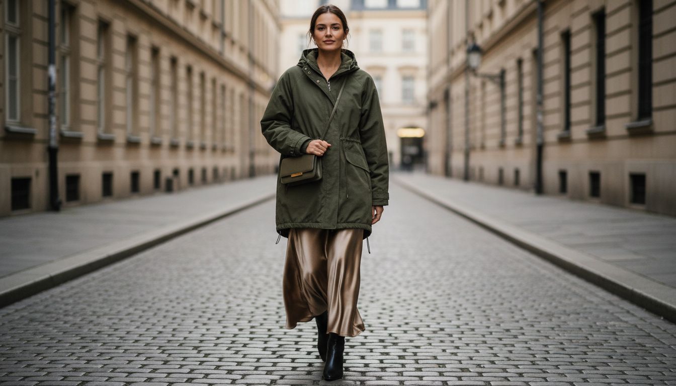 Девушка в оливковой парке оверсайз, под которой виднеется подол струящейся юбки из жидкого атласа.