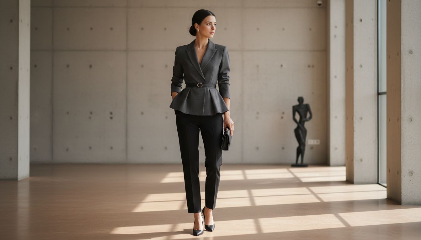 Пример стилизации: модель в блейзере с баском цвета антрацит и черными брюками-сигаретами, акцентированная тонким поясом на талии.