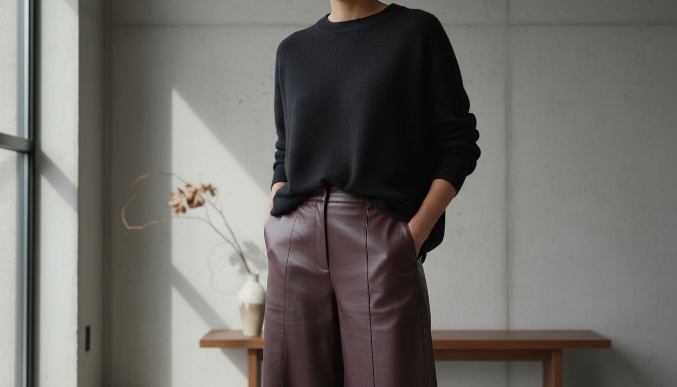 Стилизованный образ: матовый черный оверсайз свитер из кашемира, заправленный в брюки-палаццо из матовой кожи цвета Merlot.