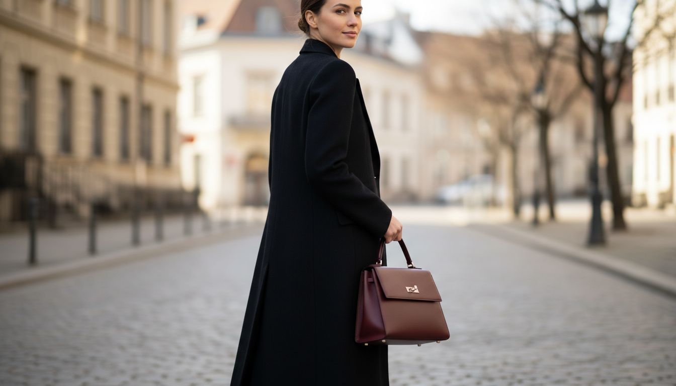 Женщина в черном кашемировом пальто, держащая в руках кожаную сумку цвета глубокого Merlot/Oxblood.