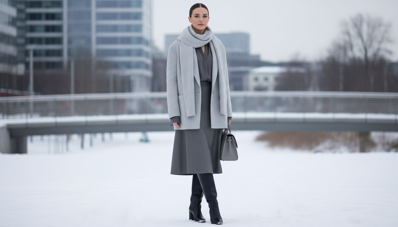 Женщина в монохромном образе: жакет Icy Pale Grey и юбка-миди из матовой серой кожи, на фоне зимнего городского пейзажа.